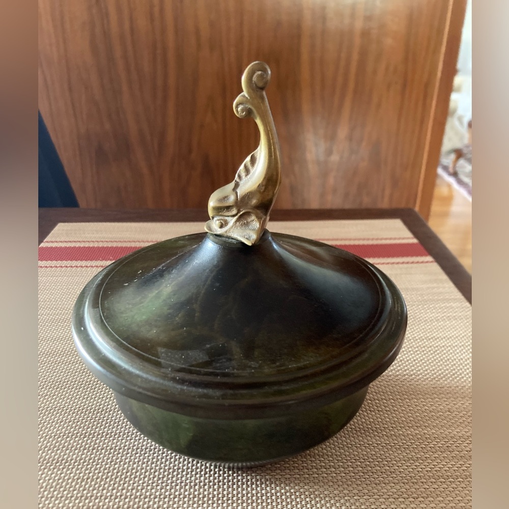 Danish Royal Bronze bowl with lid and dolphin on top, with patina from age.